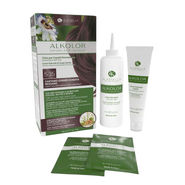 Натурална боя за коса 5.35 СВЕТЛОКАФЯВ ЗЛАТИСТ МАХАГОН Alkemilla | Anabolic1® Натурална боя за коса 5.35 СВЕТЛОКАФЯВ ЗЛАТИСТ МАХАГОН Alkemilla |